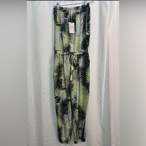 NWT blue island Green and Black Tropical Leaf Print Jumpsuit